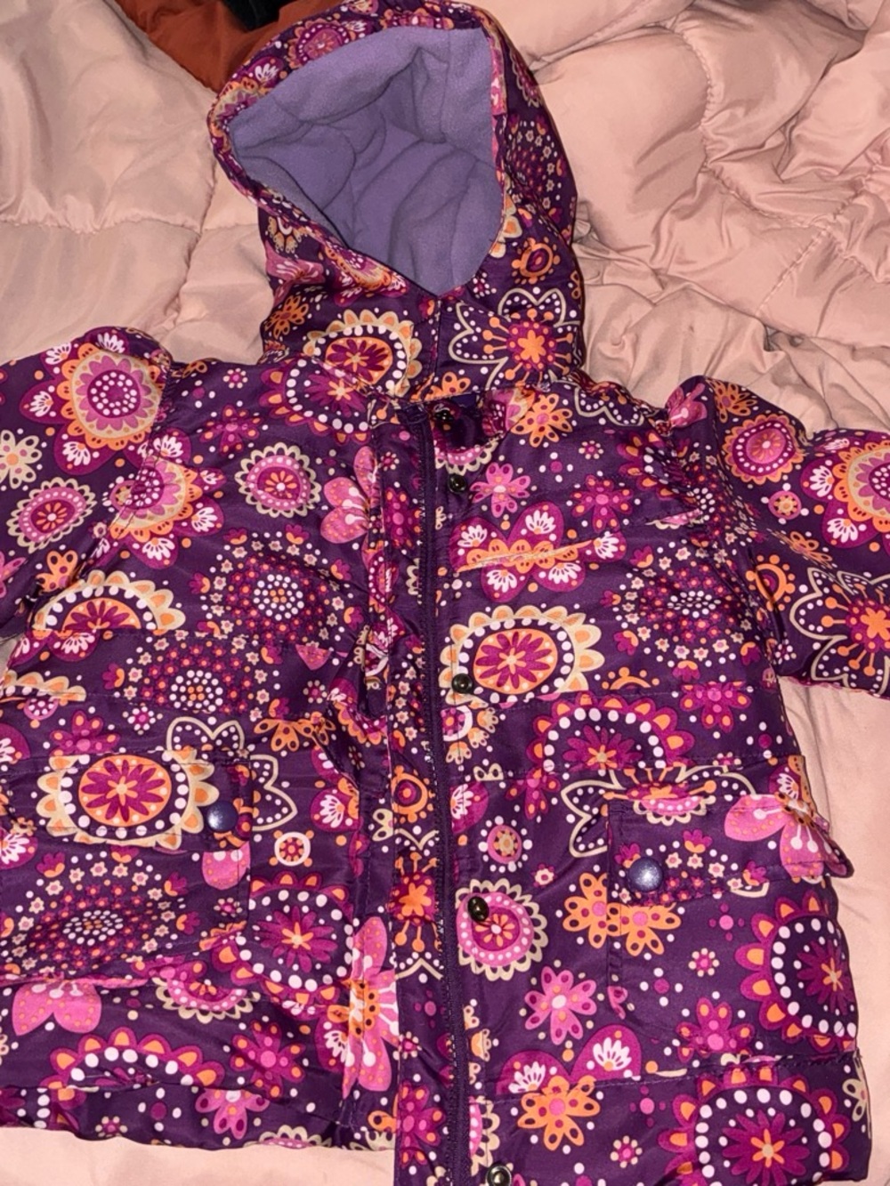 Wonderkids Purple Floral Hooded Puffer with Pink & Orange Accents